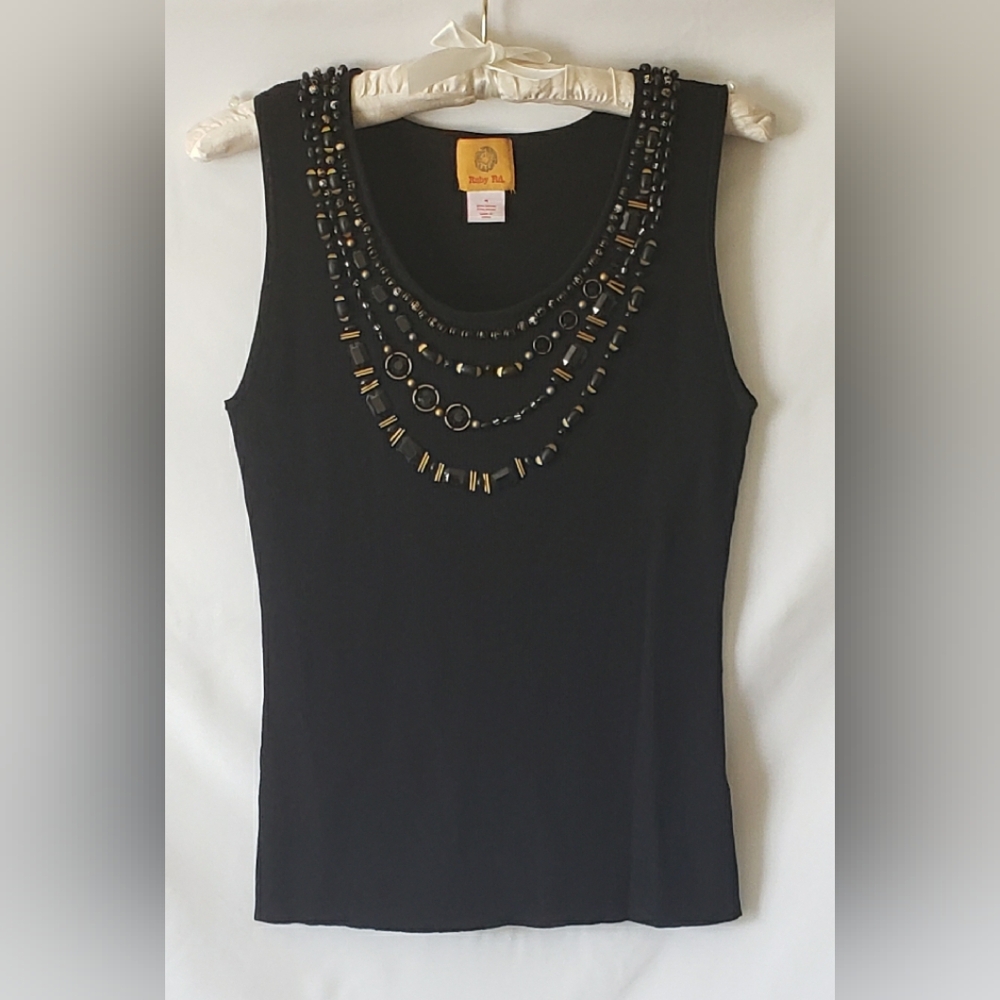 Ruby Rd. Black and Gold Embellished Scoop Neck Tank Top